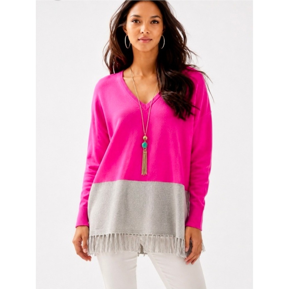 Lilly Pulitzer Fairfax Pink Colorblock Fringe V-Neck Oversized Sweater XXS/XS